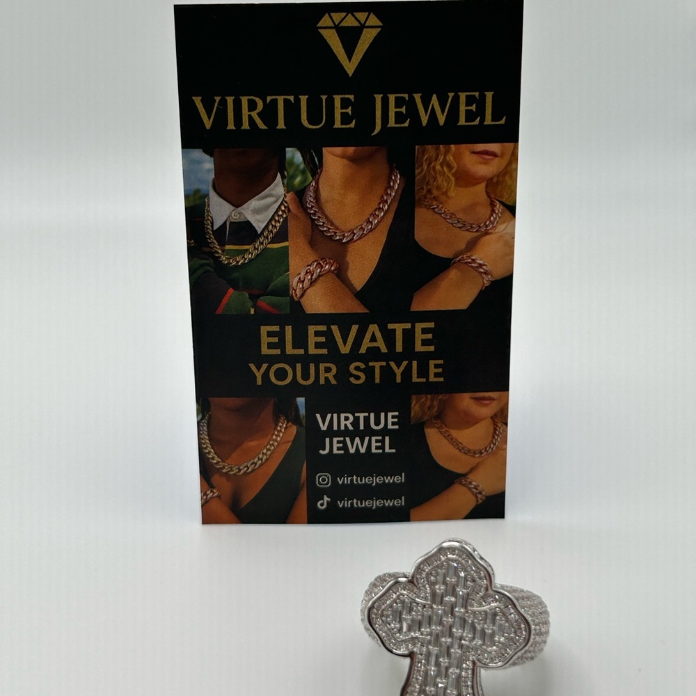 Iced Out Diamonds Baugette Jesus Cross Ring Silver